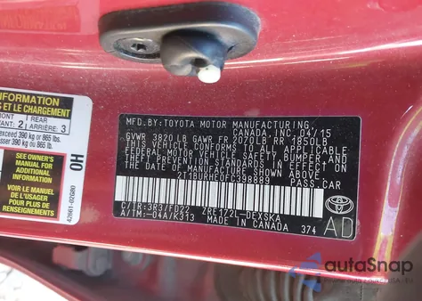 2015 Toyota Corolla S Plus from USA, damaged, VIN 2T1BURHE0FC398889